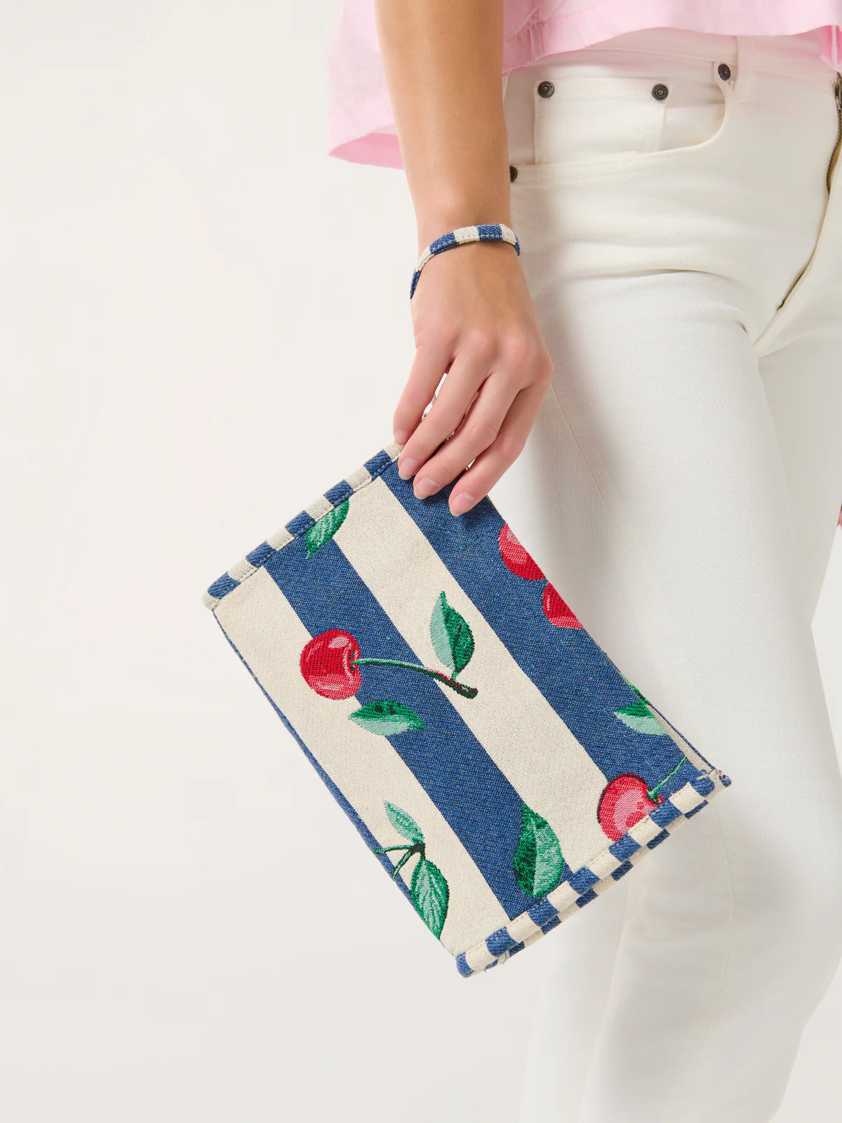 CHERRY STRIPE JACQUARD WRISTLET POUCH,NAVY