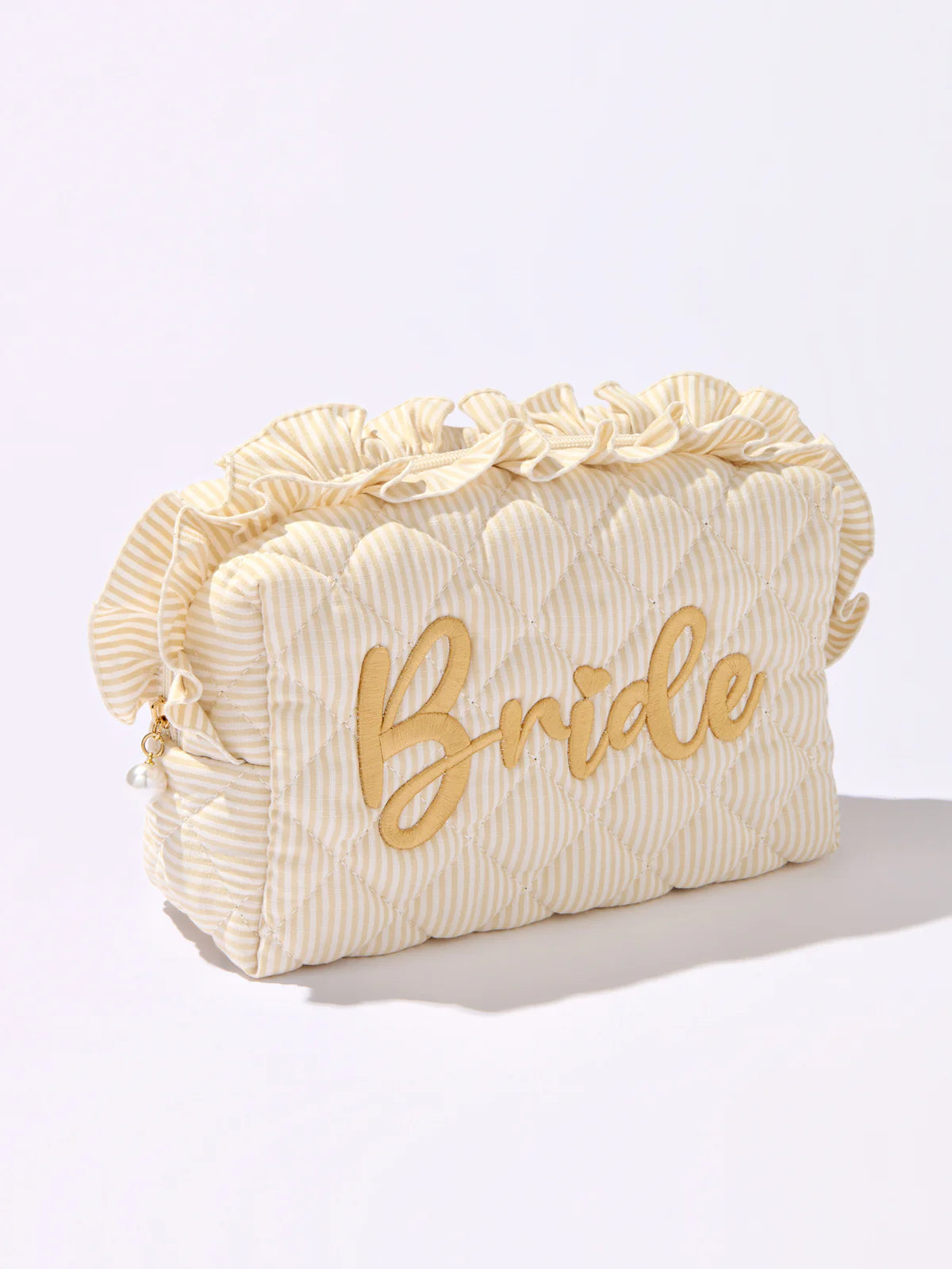 RUFFLE "BRIDE" LARGE ZIP POUCH,BEIGE
