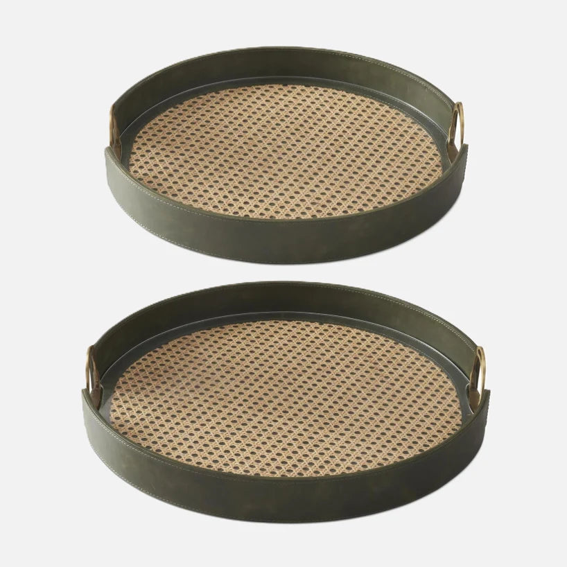 Green Leather & Cane Trays w/Stirrup Handles Large