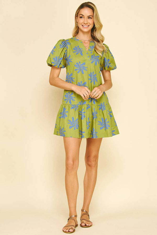 FLORAL PRINT MINI DRESS  AVOCADO BLUE