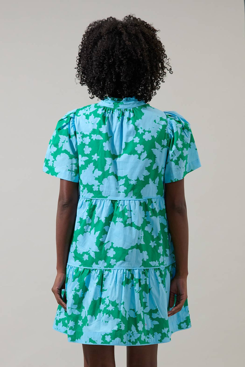 Riona Floral Candace Tiered Mini Dress: BLUE-KELLY / XS
