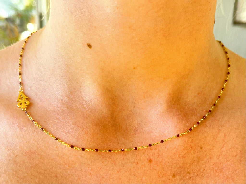 N201 AP-The Alpha Phi Necklace: Side Set ΑΦ Enamel Bead Necklace: Maroon