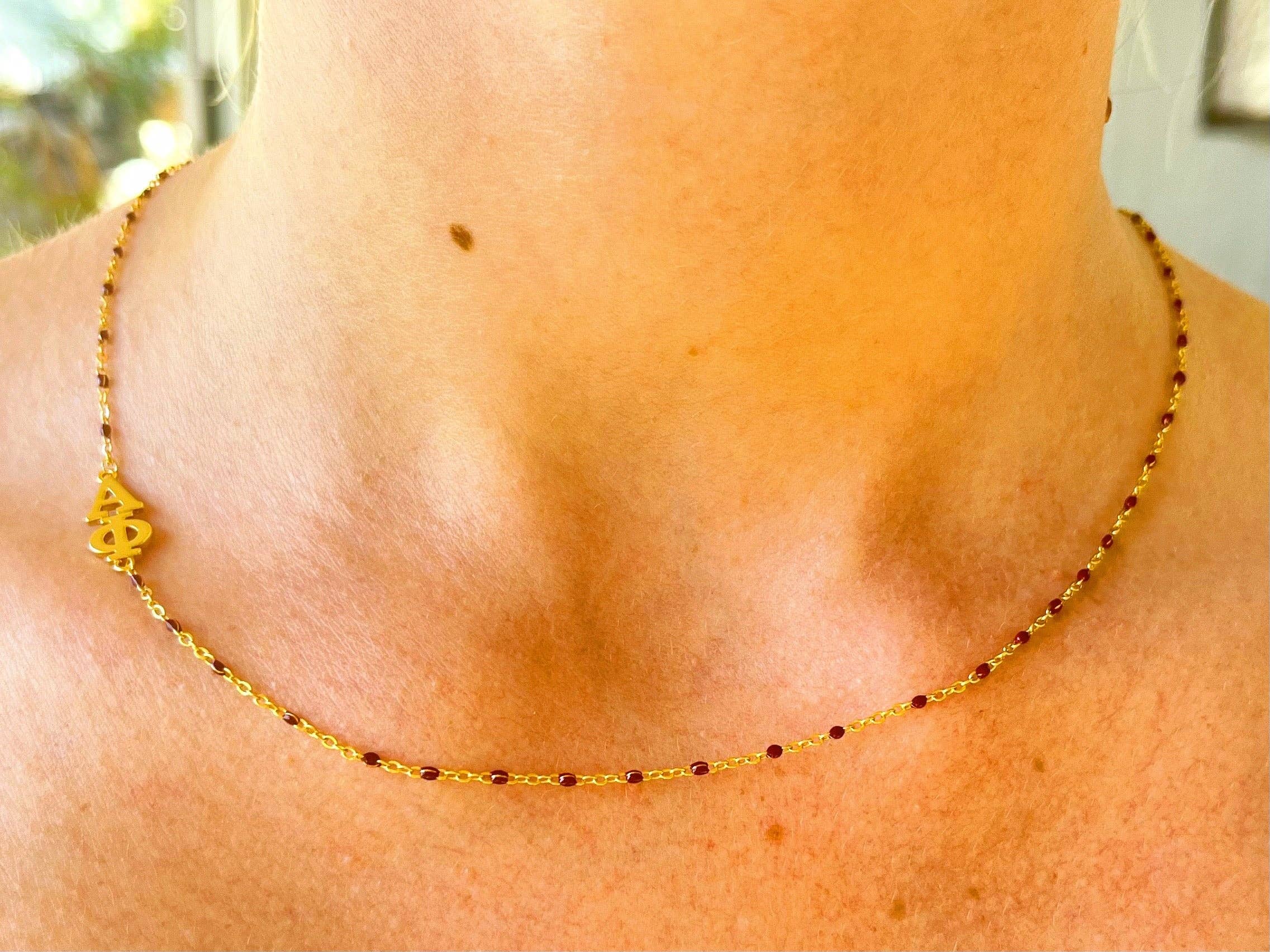 N201 AP-The Alpha Phi Necklace: Side Set ΑΦ Enamel Bead Necklace: Maroon