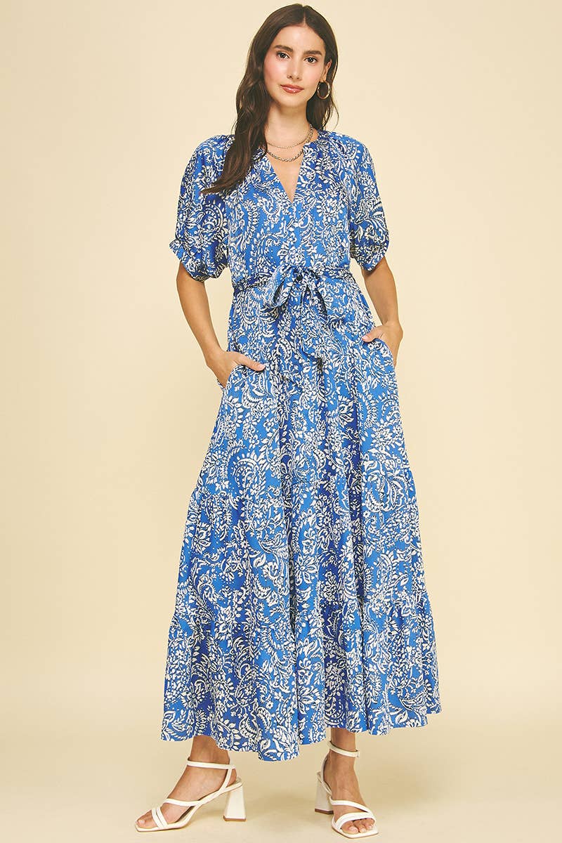 DAMASK PRINT TIERED MAXI DRESS MAGENTA