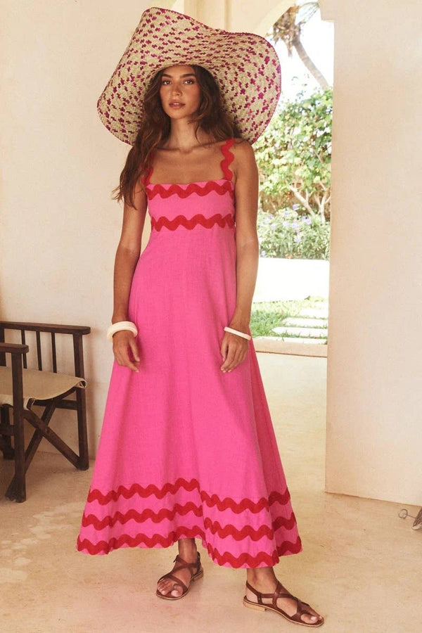 Floral wave suspender maxi dress summer beach dress: S / White-wave