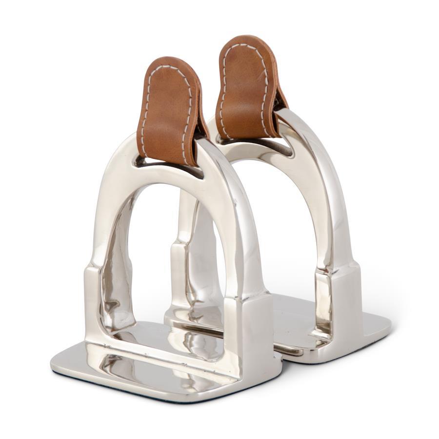 Set of 2 Silver Stirrup w/Brown Leather Strap Bookends