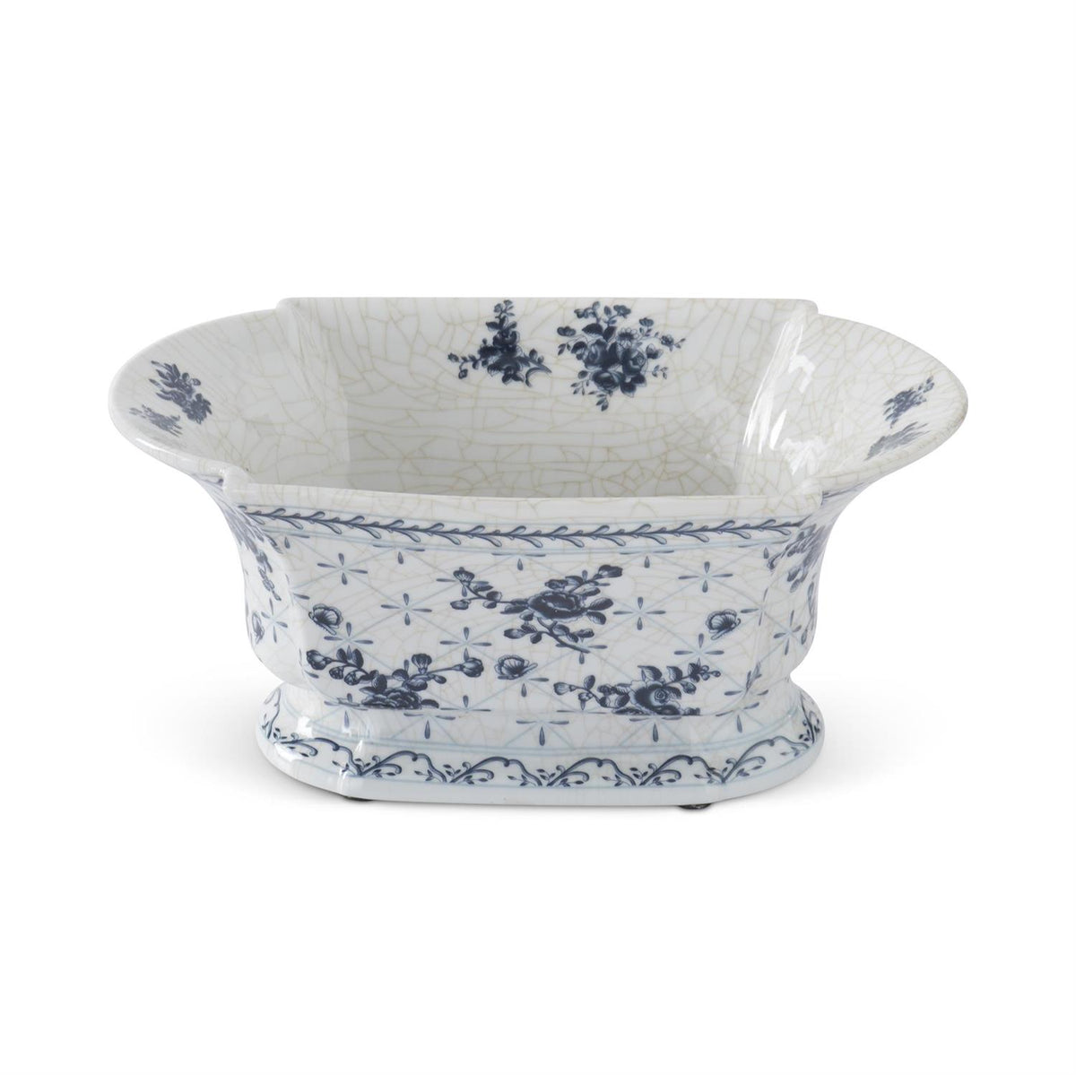 13 Inch Blue & White Floral Ceramic Oval Fluted Bowl