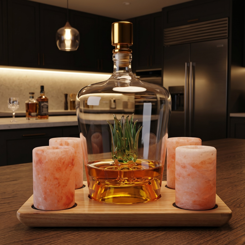 Tequila Decanter With 4 Pink Himalayan Salt Shot Glasses