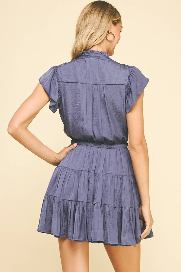 BUTTON DOWN TIERED MINI DRESS -  BERRY