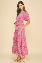 DAMASK PRINT TIERED MAXI DRESS MAGENTA