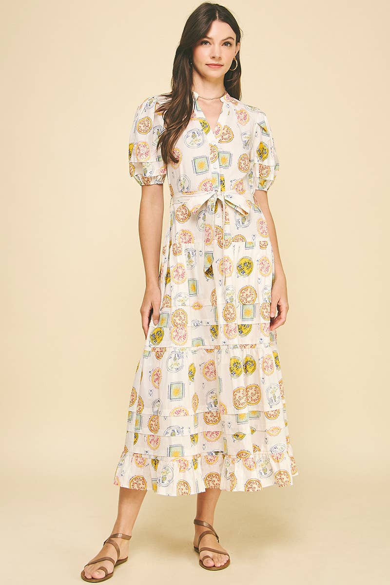 PRINT TUCK DETAILED MAXI DRESS - CREAM MULTI