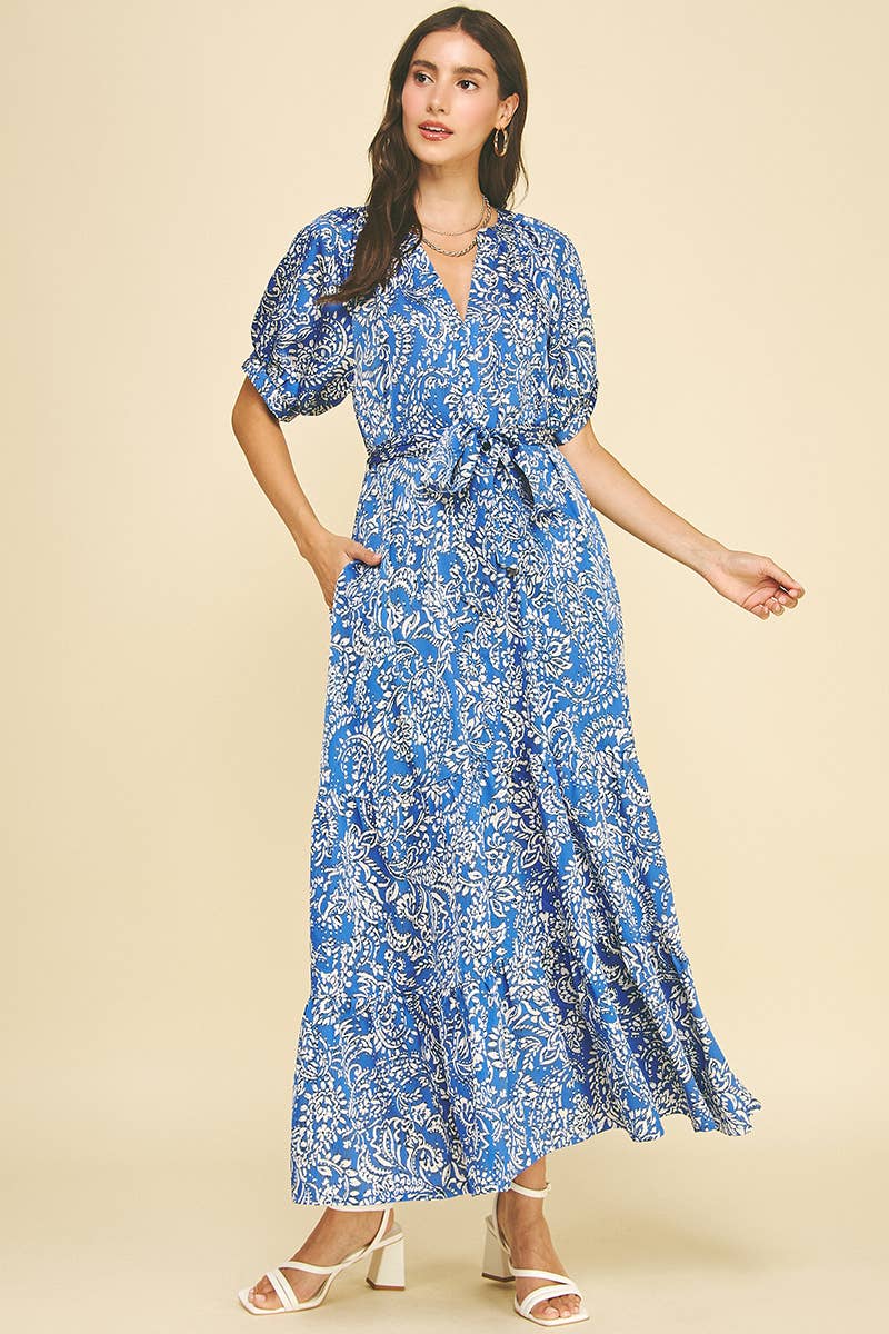 DAMASK PRINT TIERED MAXI DRESS MAGENTA