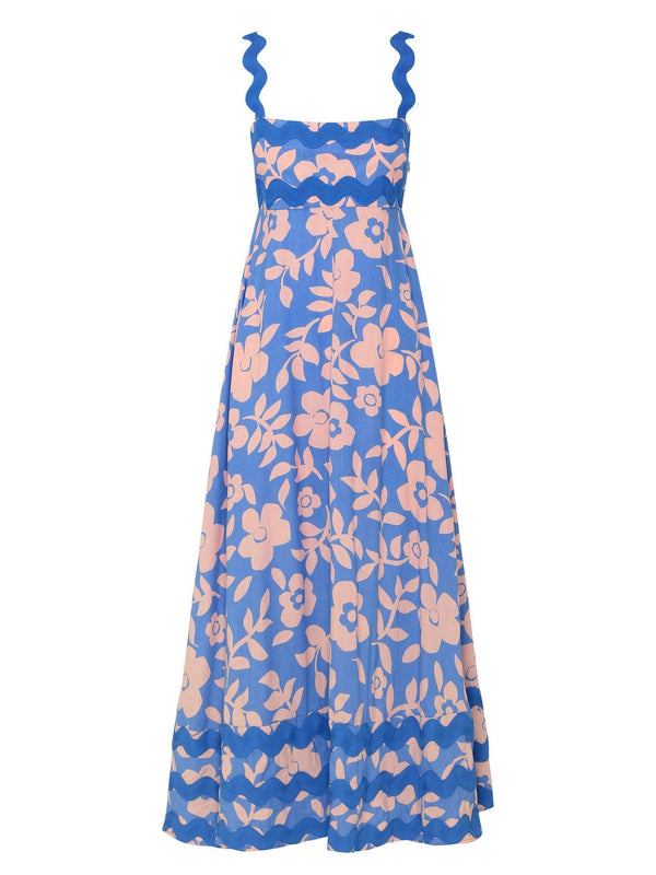 Floral wave suspender maxi dress summer beach dress: S / White-wave