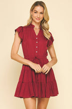BUTTON DOWN TIERED MINI DRESS -  BERRY