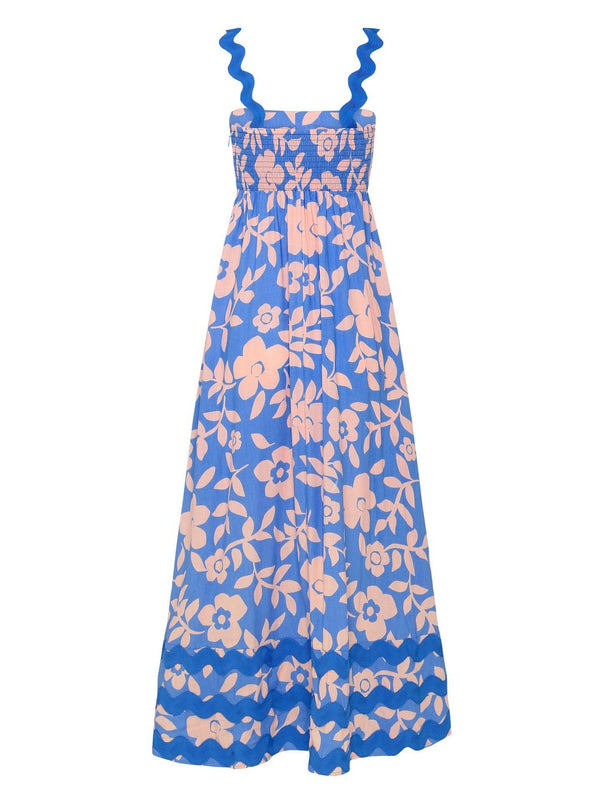 Floral wave suspender maxi dress summer beach dress: S / White-wave