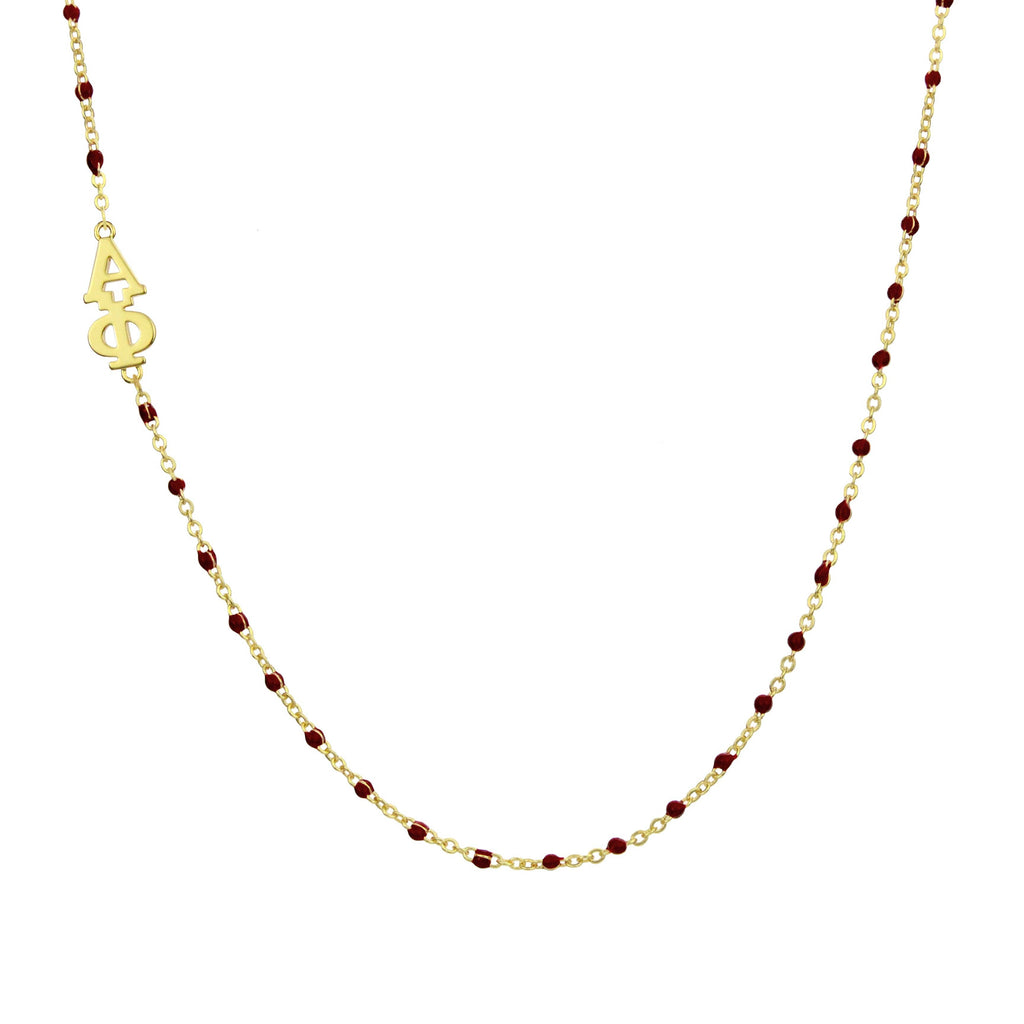 N201 AP-The Alpha Phi Necklace: Side Set ΑΦ Enamel Bead Necklace: Maroon