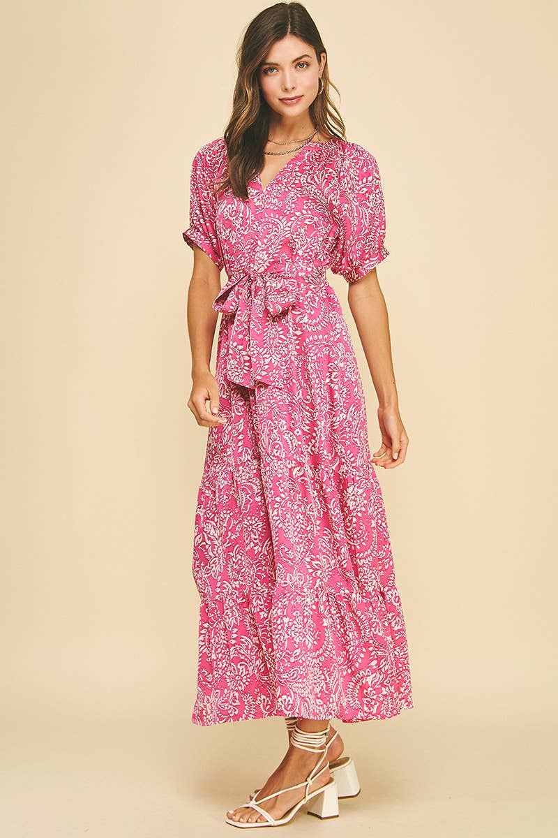 DAMASK PRINT TIERED MAXI DRESS MAGENTA