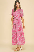 DAMASK PRINT TIERED MAXI DRESS MAGENTA