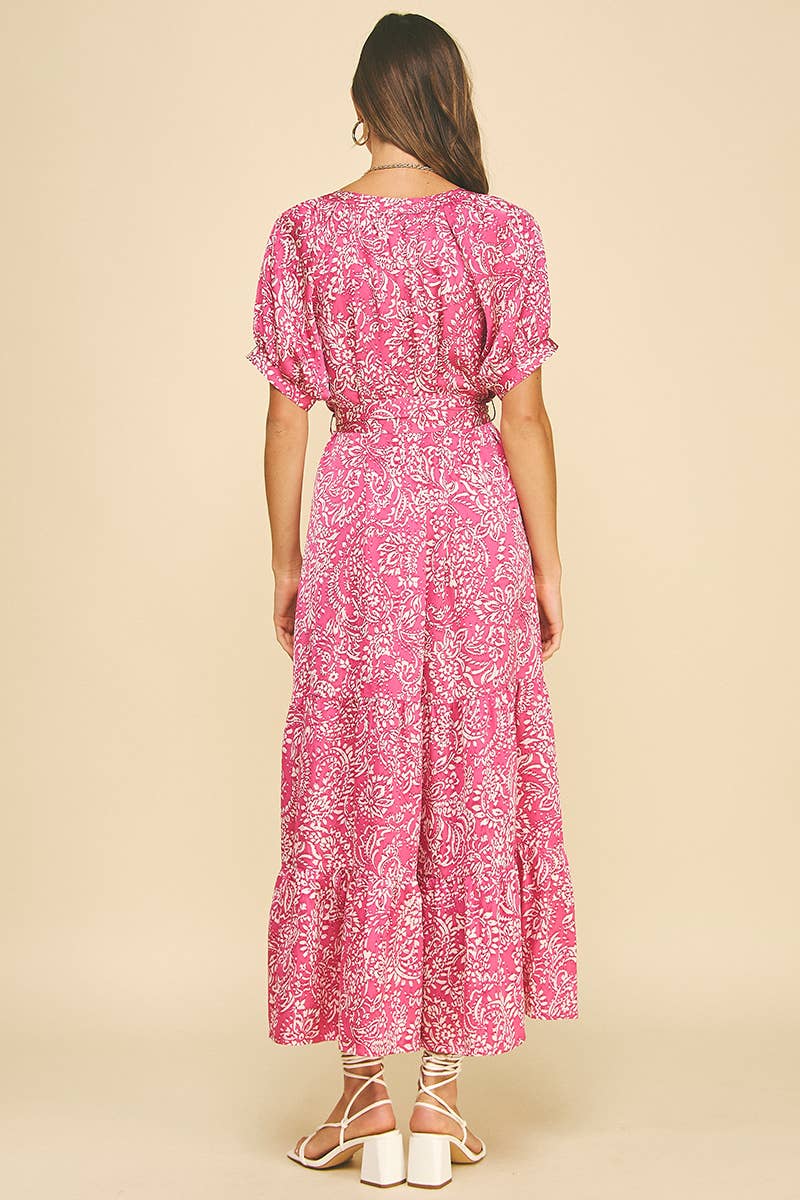 DAMASK PRINT TIERED MAXI DRESS MAGENTA