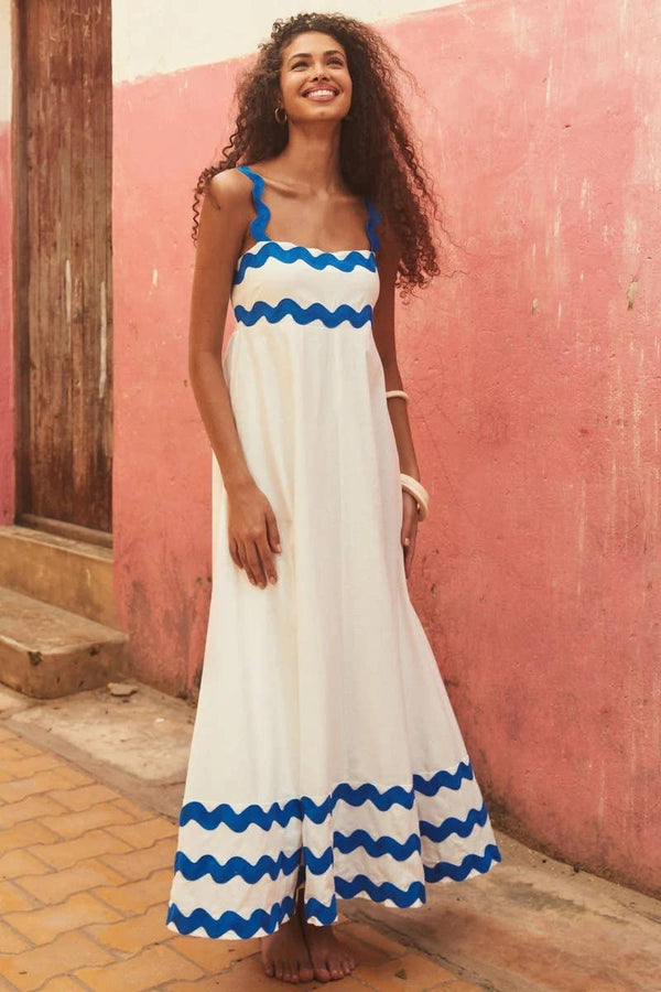 Floral wave suspender maxi dress summer beach dress: S / White-wave