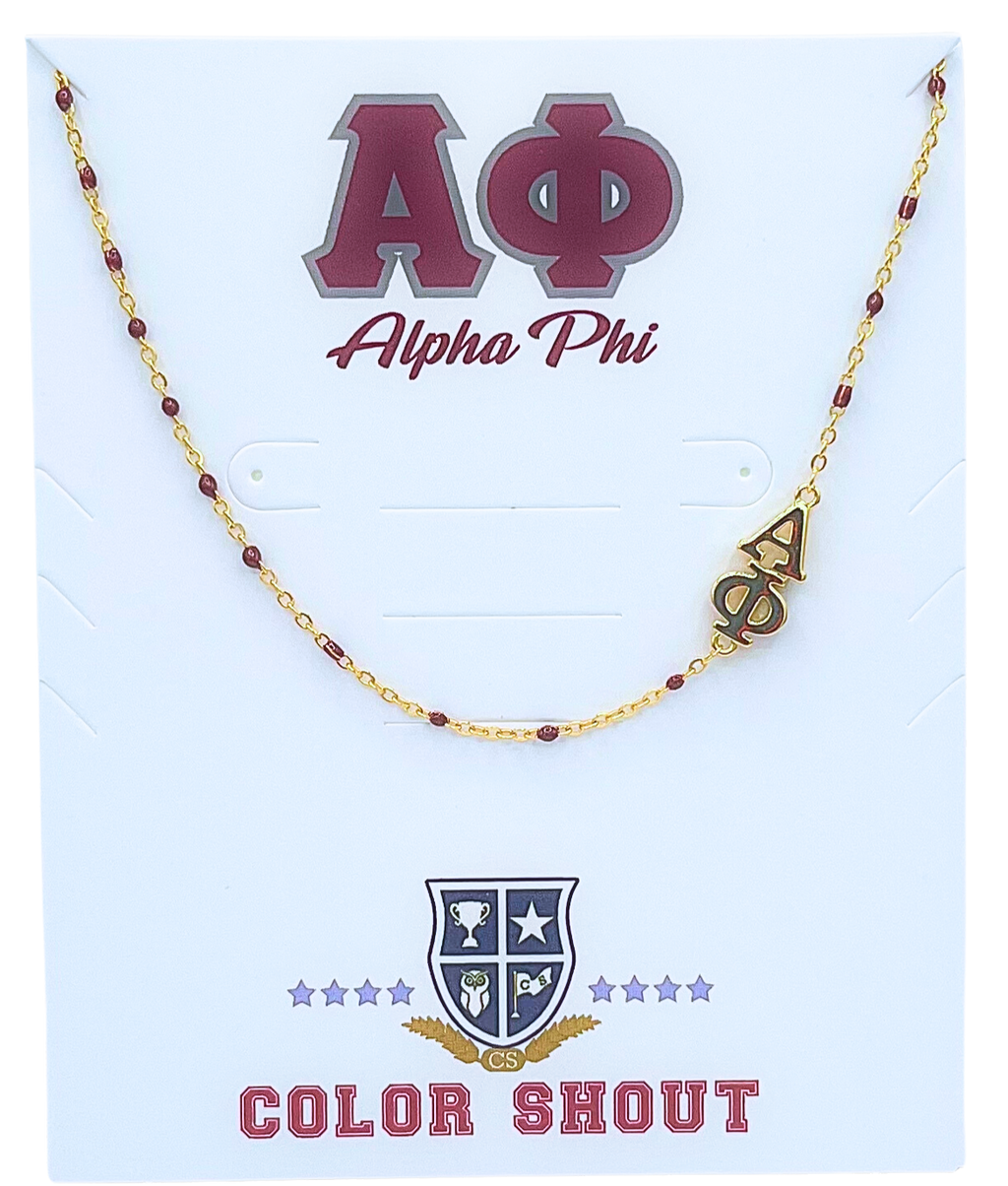 N201 AP-The Alpha Phi Necklace: Side Set ΑΦ Enamel Bead Necklace: Maroon