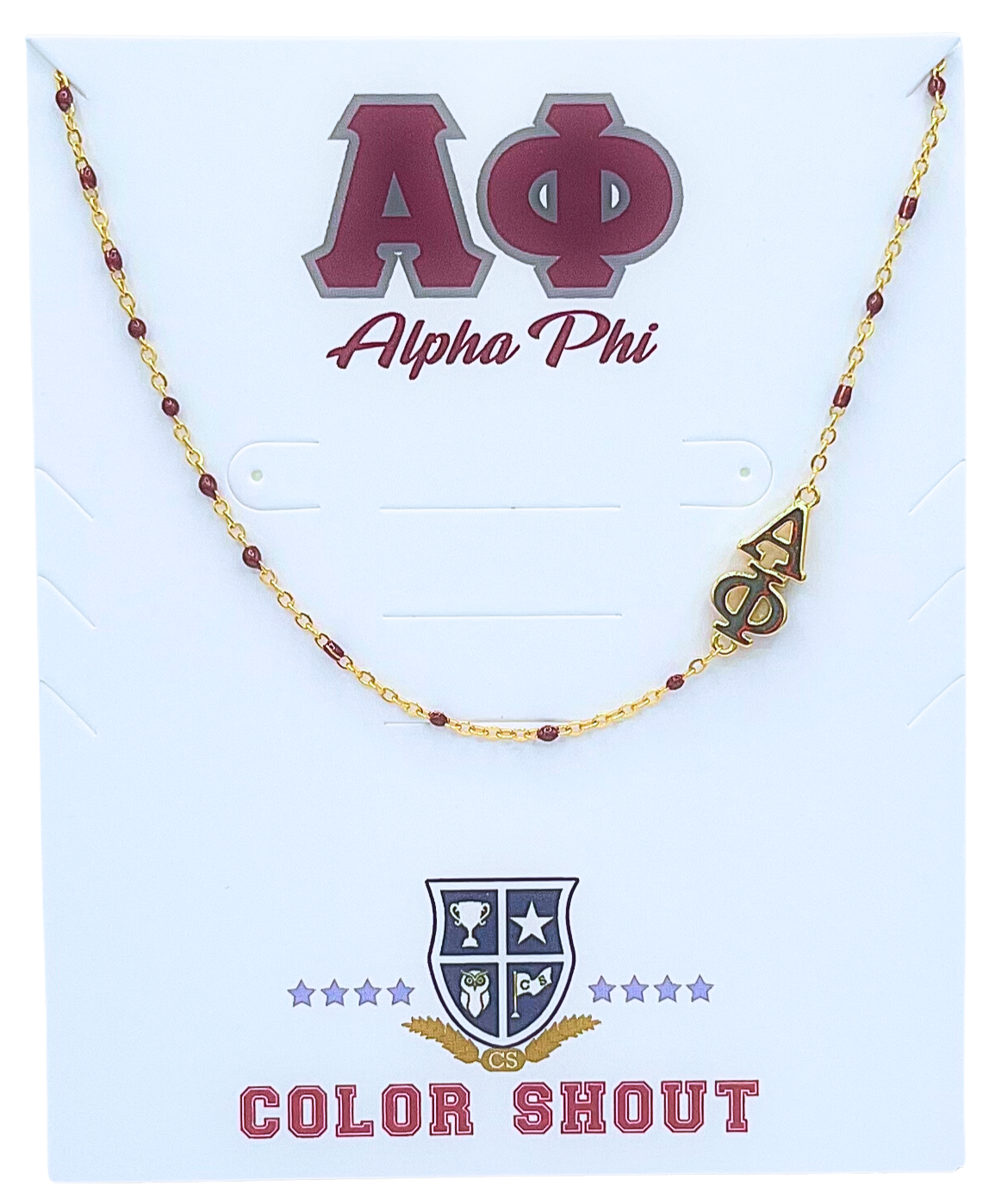N201 AP-The Alpha Phi Necklace: Side Set ΑΦ Enamel Bead Necklace: Maroon