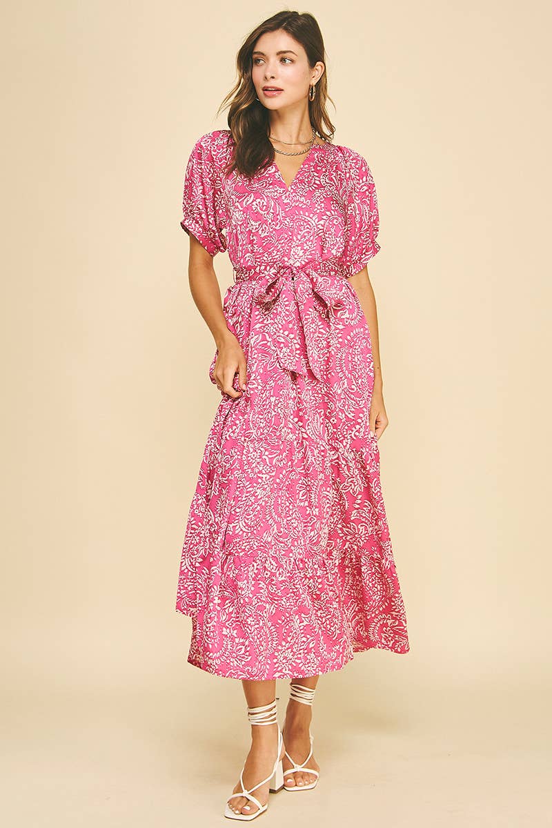 DAMASK PRINT TIERED MAXI DRESS MAGENTA