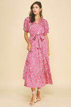 DAMASK PRINT TIERED MAXI DRESS MAGENTA