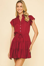 BUTTON DOWN TIERED MINI DRESS -  BERRY