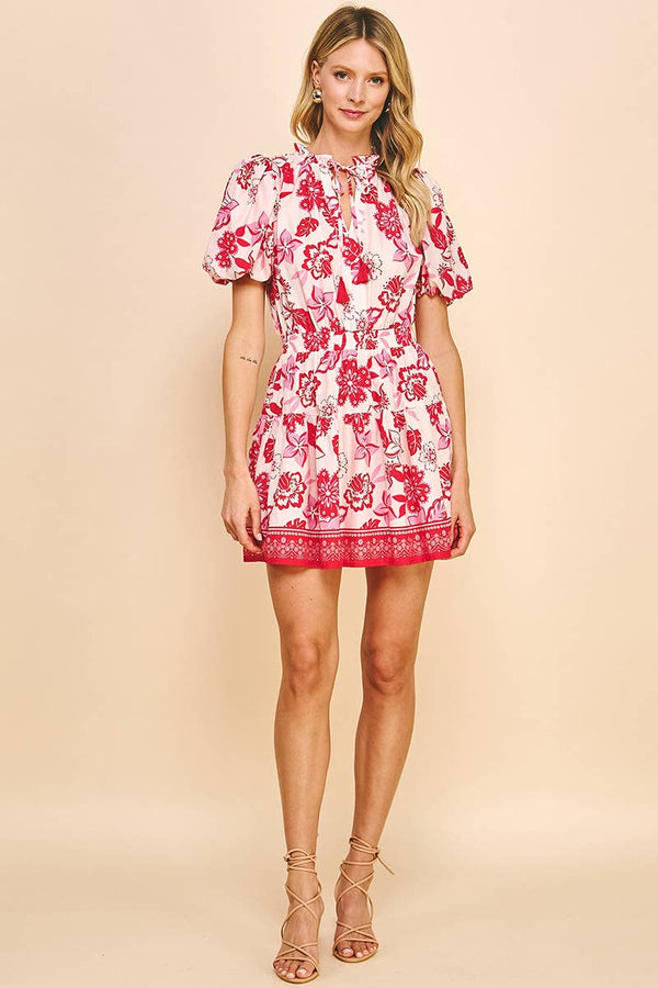 FLORAL PRINT MINI DRESS - RED MULTI: L