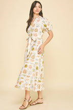 PRINT TUCK DETAILED MAXI DRESS - CREAM MULTI