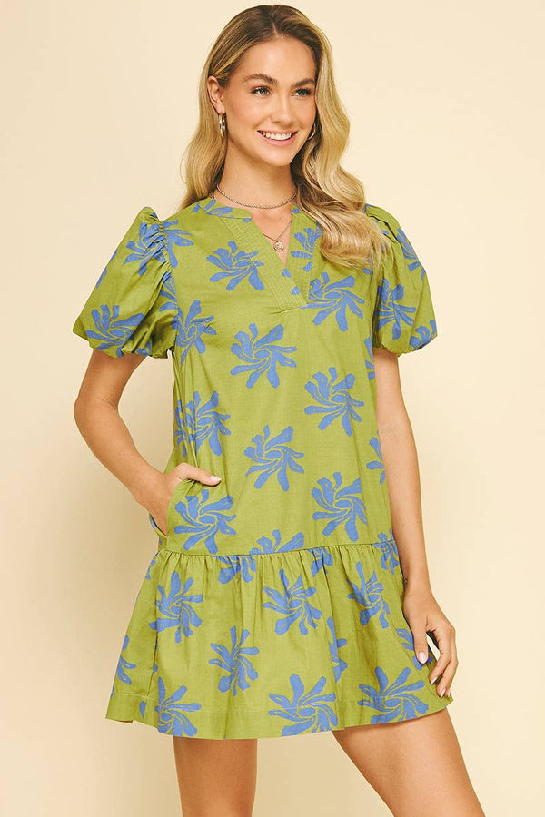 FLORAL PRINT MINI DRESS  AVOCADO BLUE