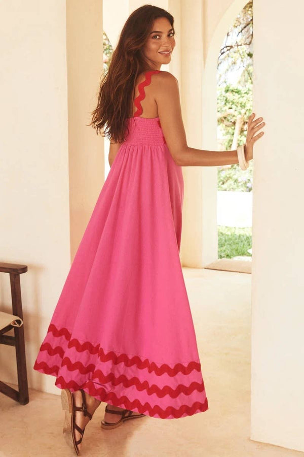 Floral wave suspender maxi dress summer beach dress: S / White-wave
