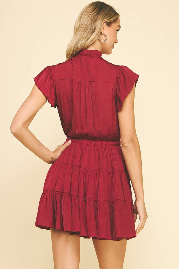 BUTTON DOWN TIERED MINI DRESS -  BERRY