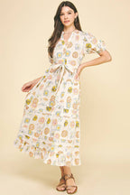 PRINT TUCK DETAILED MAXI DRESS - CREAM MULTI