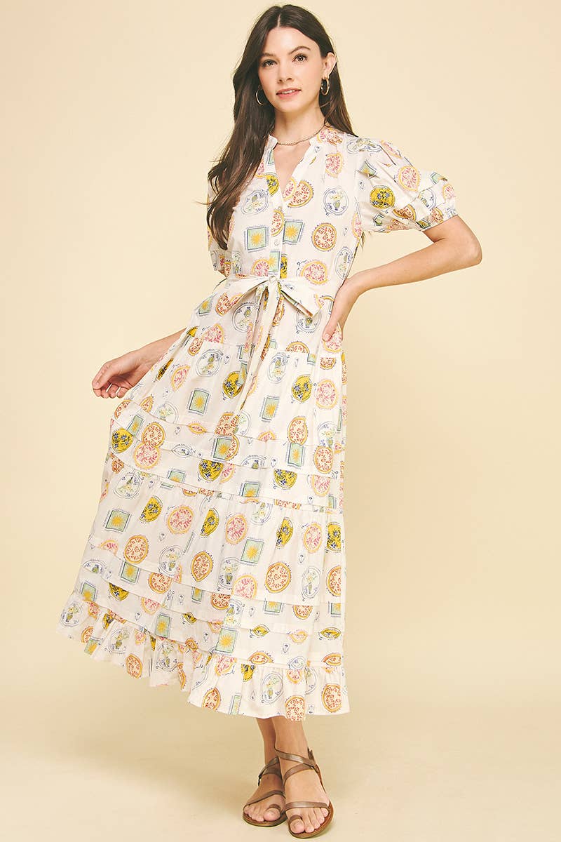 PRINT TUCK DETAILED MAXI DRESS - CREAM MULTI