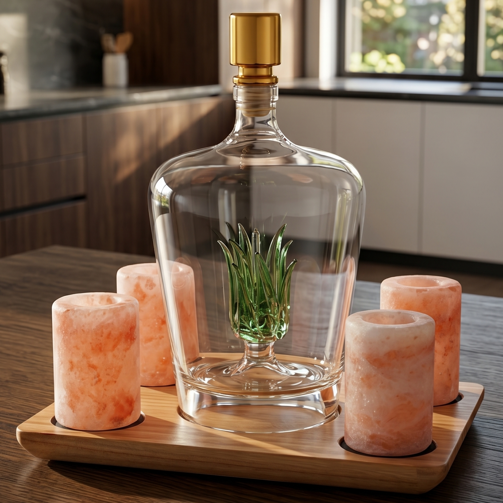Tequila Decanter With 4 Pink Himalayan Salt Shot Glasses