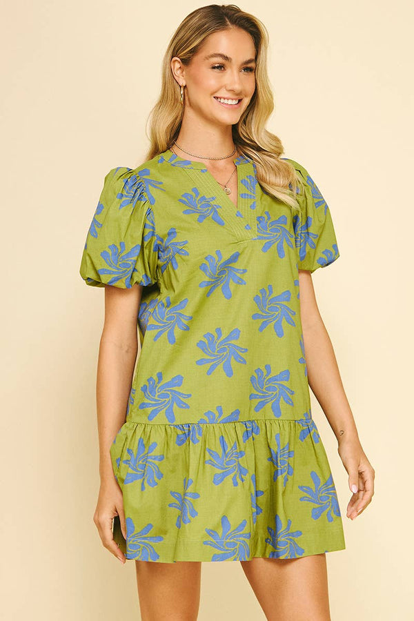 FLORAL PRINT MINI DRESS  AVOCADO BLUE