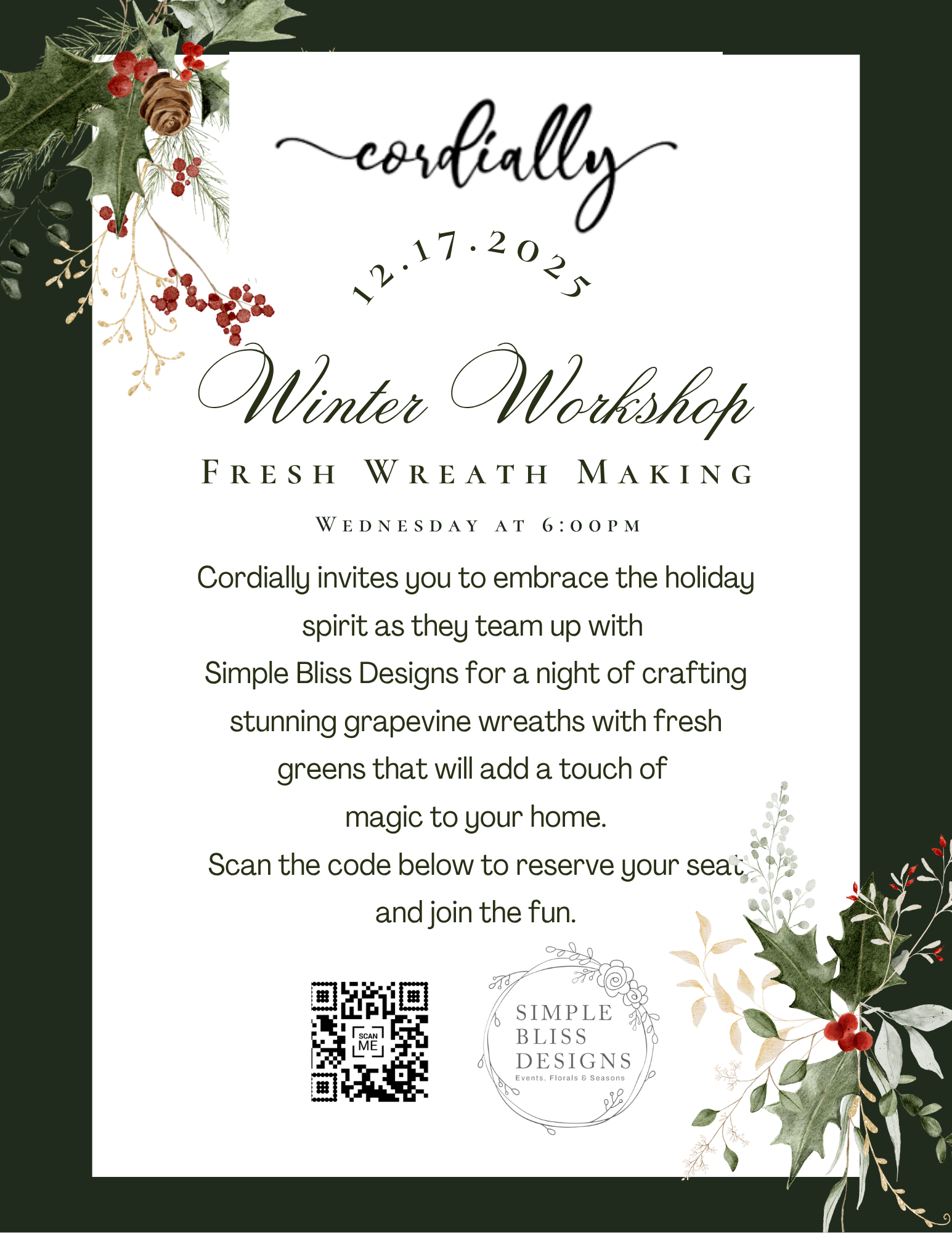 12/17 6 PM, Winter Wreath Making Class
