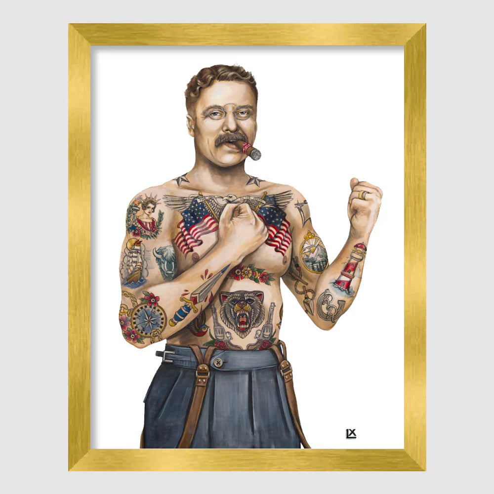 Tatted Teddy Paper Print 5x7 Modern Gold Framed
