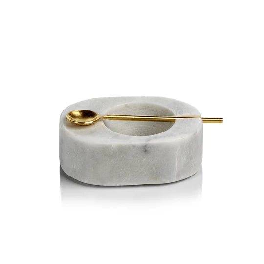 Tuscan White Marble Salt & Pepper Bowl with Gold Spoon