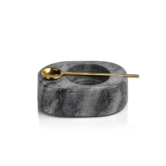 Tuscan Gray Marble Salt & Pepper Bowl with Gold Spoon