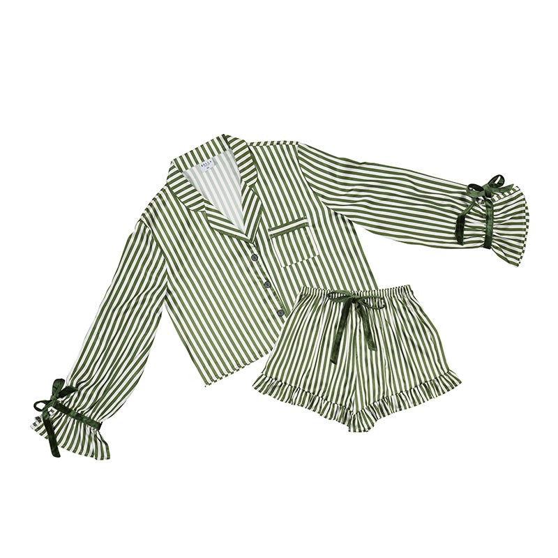 Cropped PJ Set + Velvet Ties - Green Stripe Large