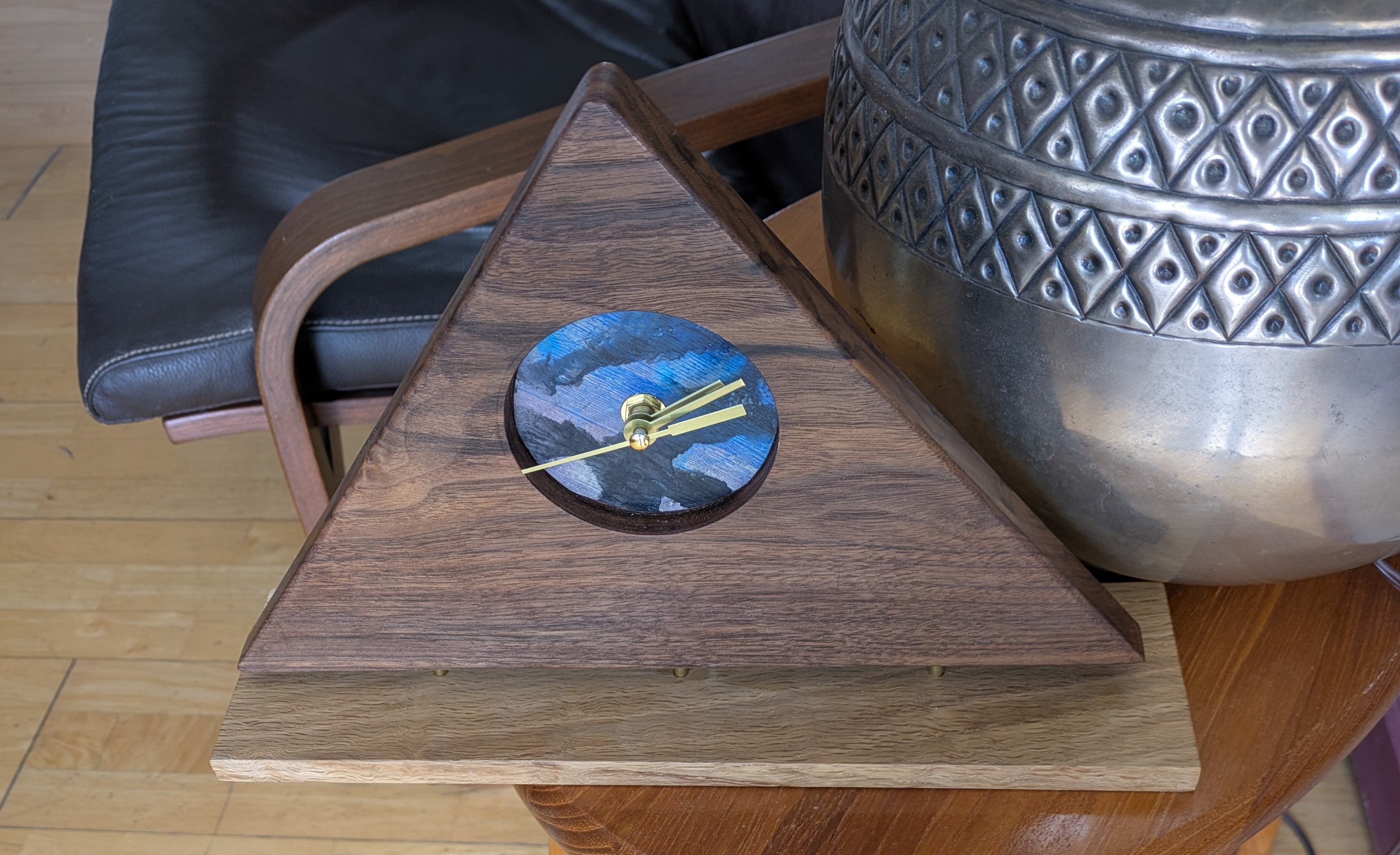 Modern Triangle Dark Walnut Clock with Oak Base