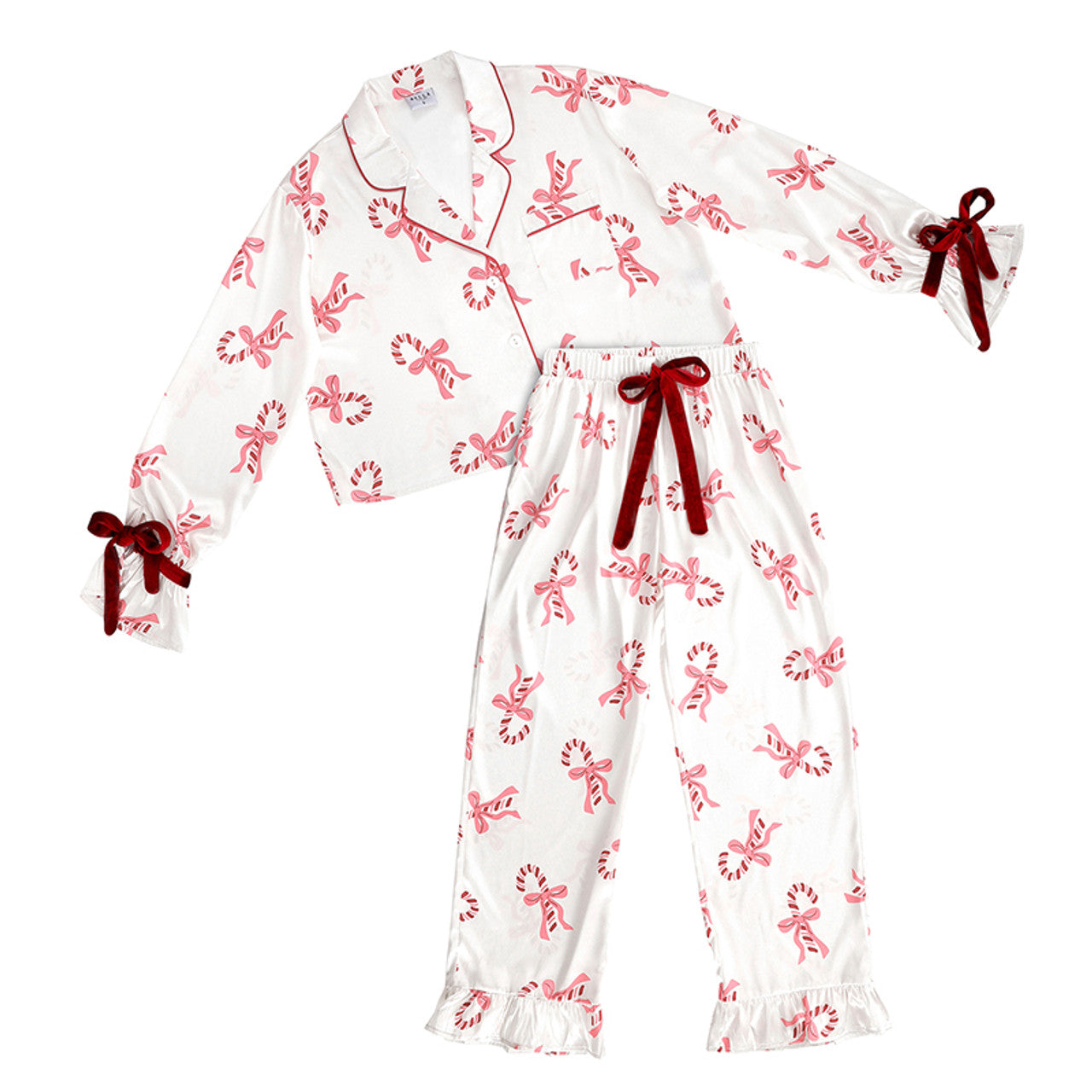 Cropped + Ruffled Pant PJ Set with Velvet Ties - Ivory + Candy Canes