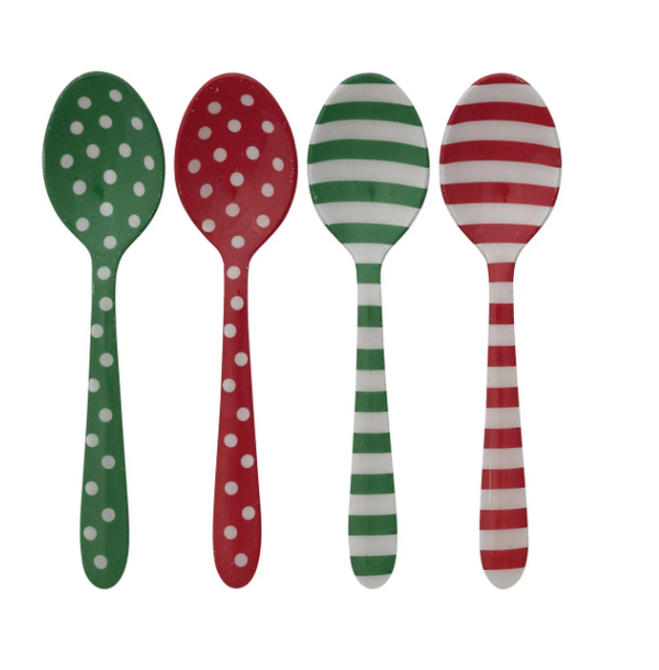 Enameled Stainless Steel Spoon w/ Dots/Stripes Pattern, Red, White & Green, 4 Styles