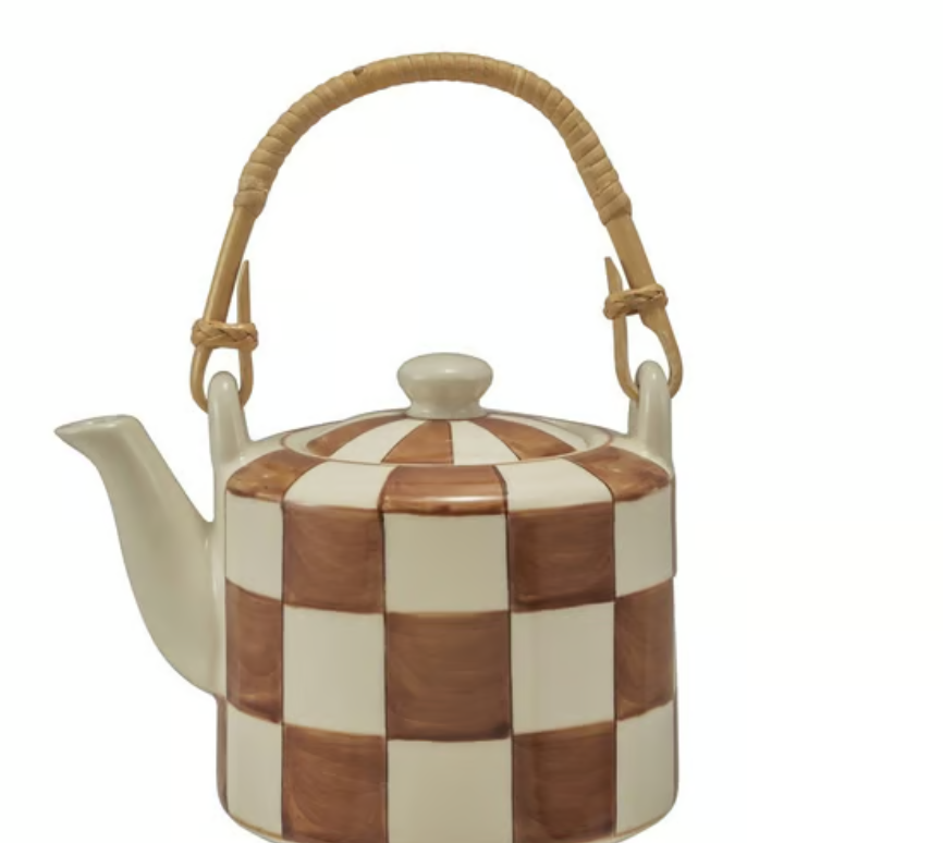 7"L x5-1/2"H Stoneware Teapot w Checked