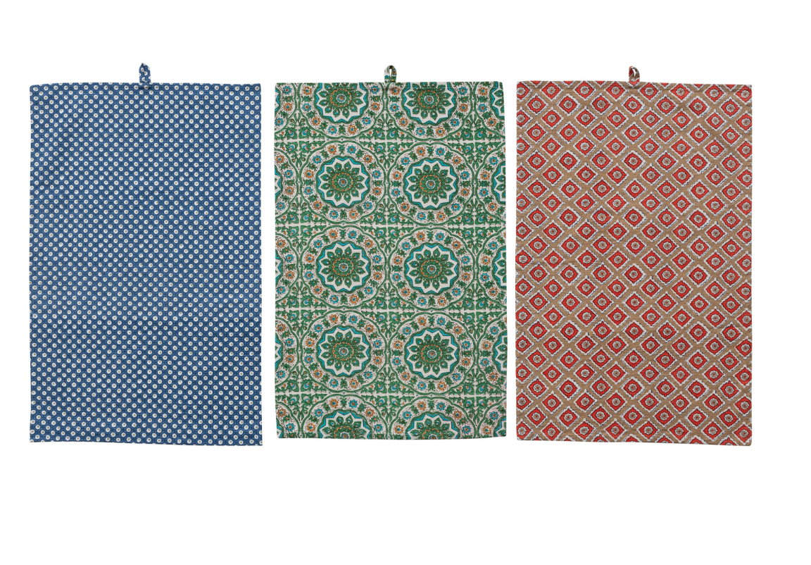 Cotton Slub Tea Towel with Block Print Pattern, 3 Styles