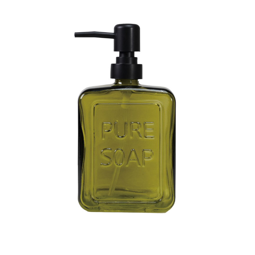 Pressed Glass Soap Dispenser with Pump "PURE SOAP", Olive Color