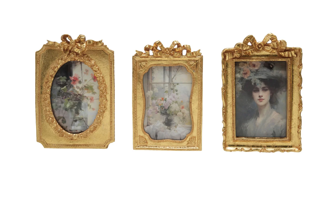 Resin Photo Frame with Bow, Gold Finish, 3 Styles (Holds 4" x 6" Photo)